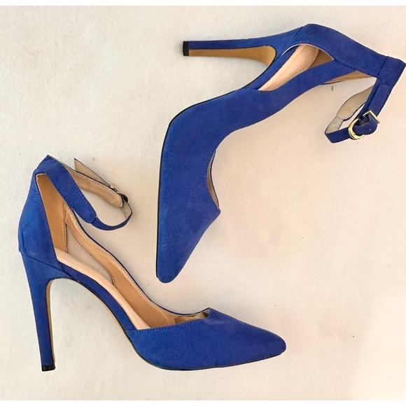 Eva Mendes NYC D'orsay Ankle Strap Pointed Toe Blue Suede Heel, 9m - Picture 1 of 8
